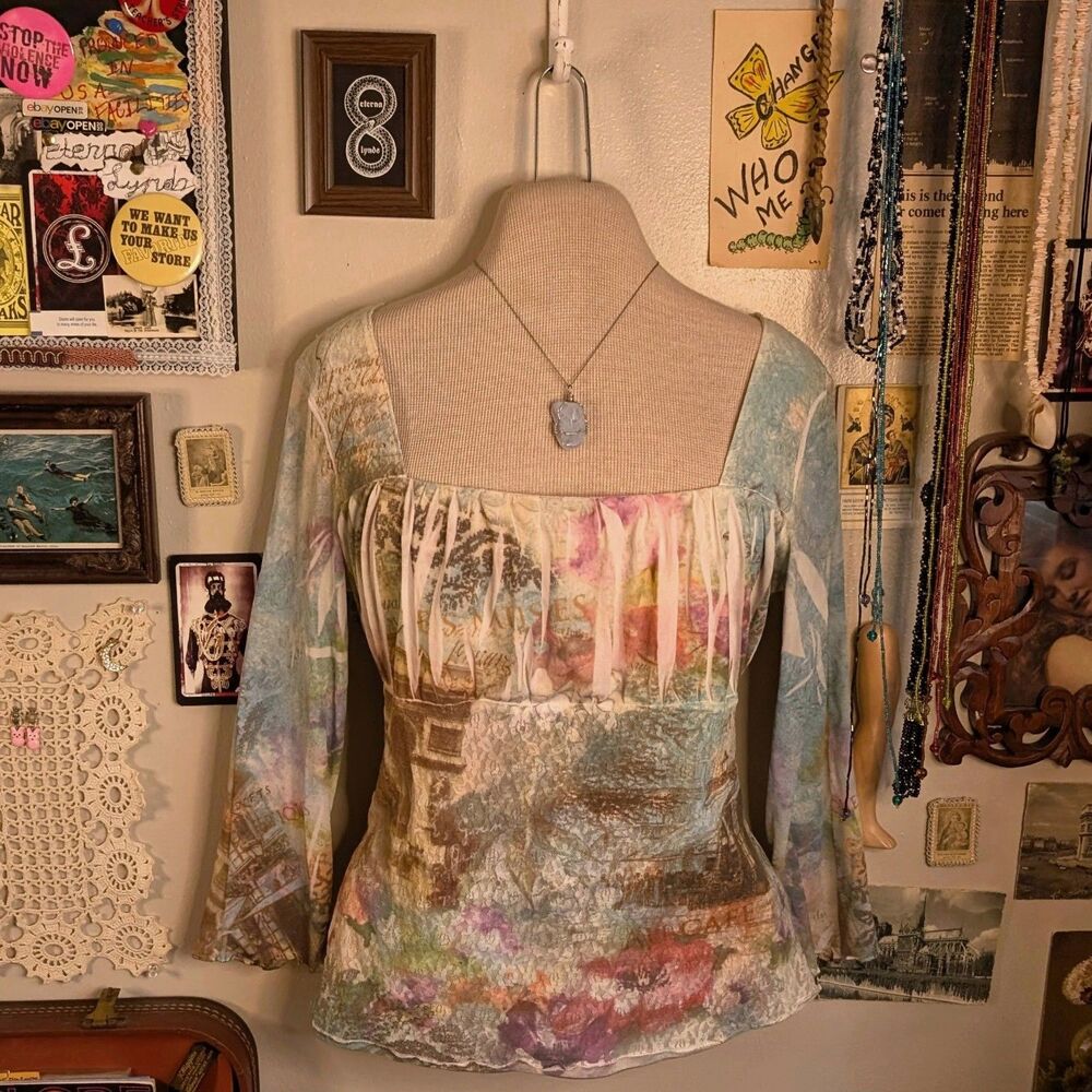 Y2K Grunge Mesh Lace Graphic Babydoll Blouse Women's Medium Light Blue